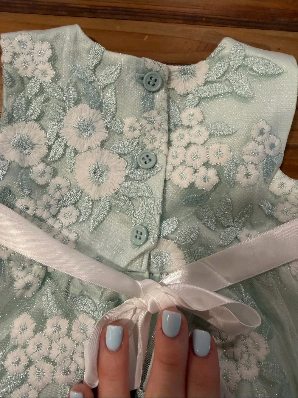 Just Lizzy Mint Green Embroidered Floral Lace Pearl Baby Dress 3/6M